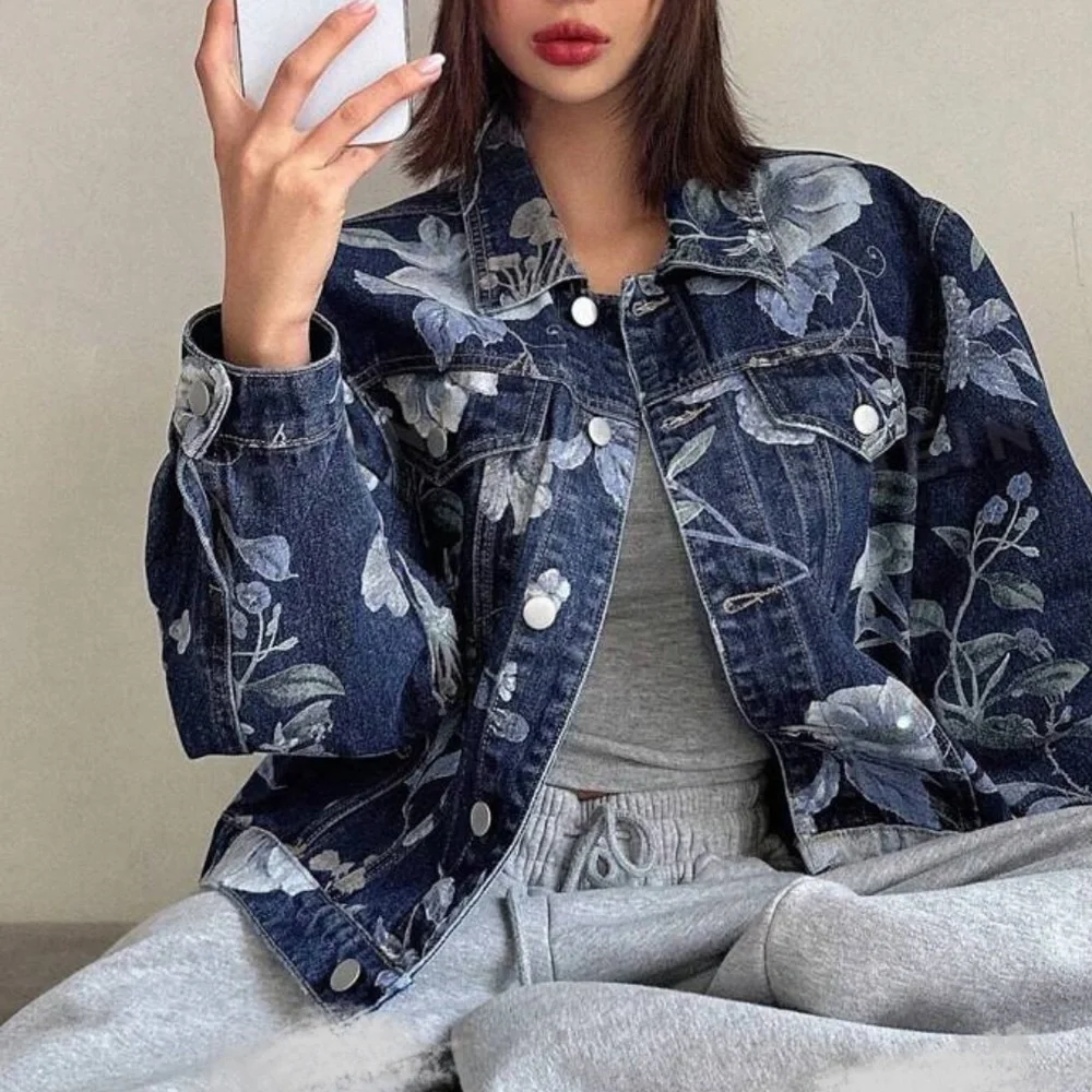 Boho Floral Print Pocket Denim Jeans Jacket Blue - Picture 1 of 4